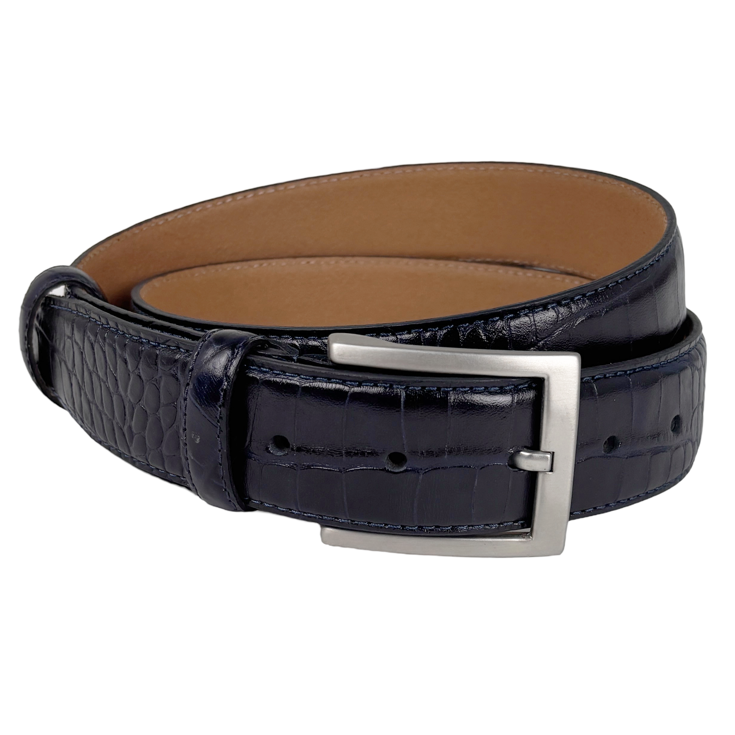 Donkerblauwe Leren Riem met Krokoprint – 3,5 cm Breed