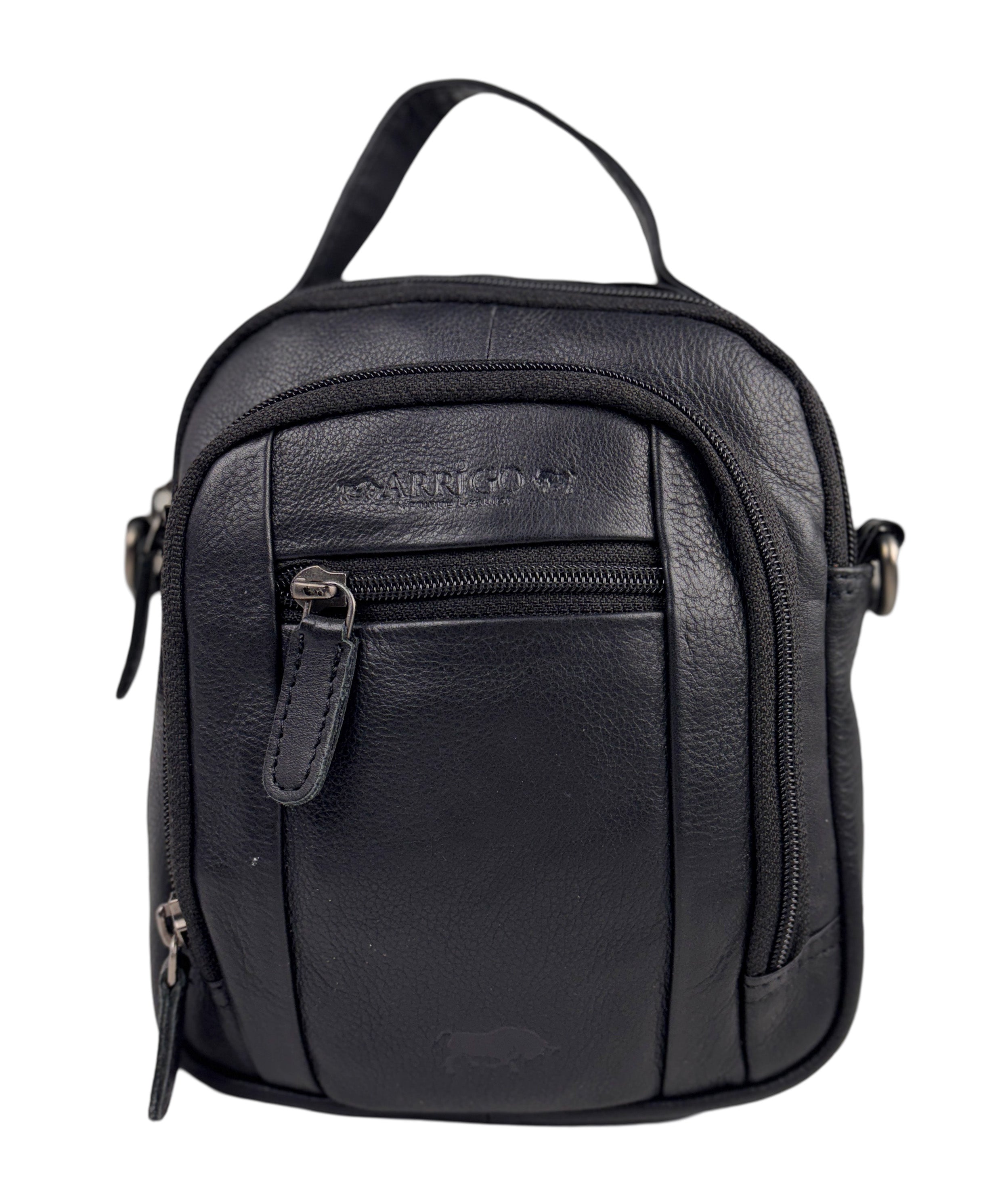 Black buffalo leather shoulder bag for women and men - versatile belt bag, perfect for both casual and stylish looks.